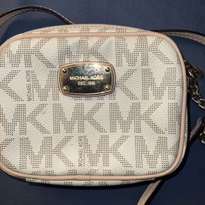 Michael Kors White & Beige Monogram Jet Set Small Crossbody Purse Bag